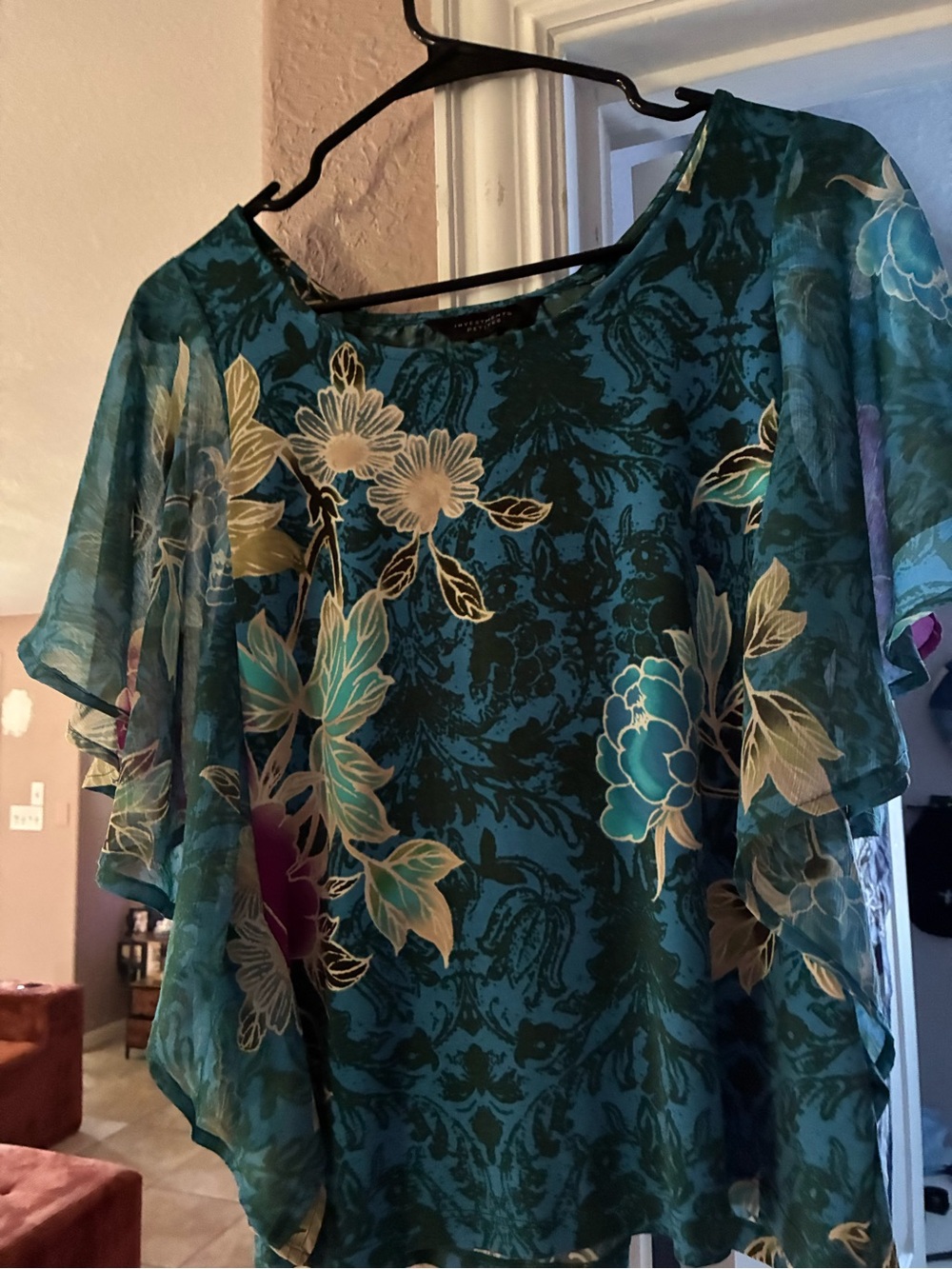 Perseption Teal Floral Layered Chiffon Blouse
